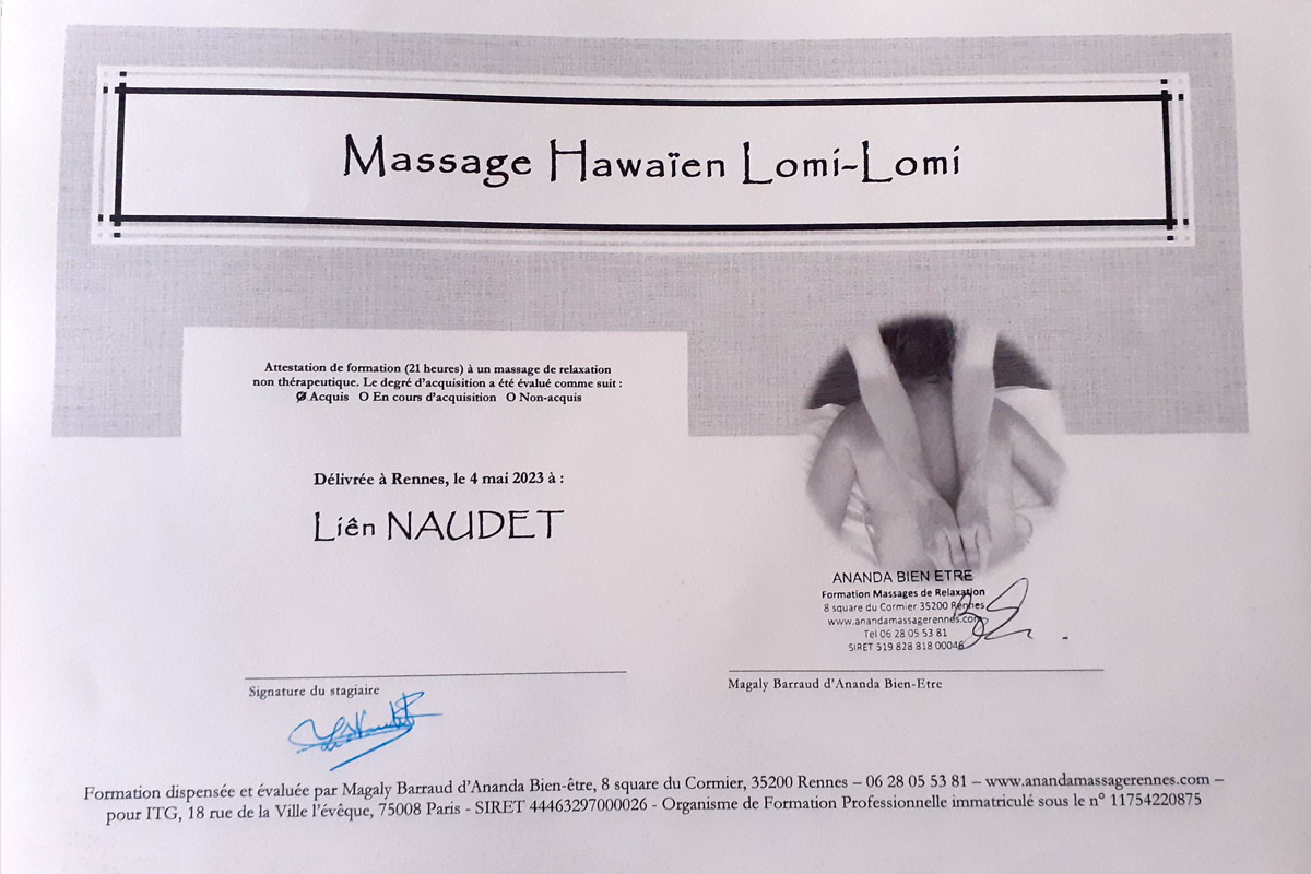 diplôme massage Hawaïen-lomi lomi