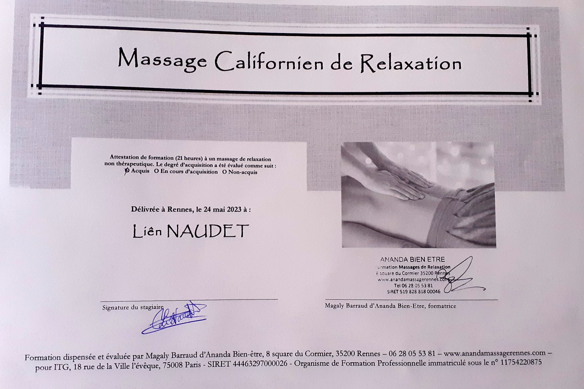diplôme massage californien